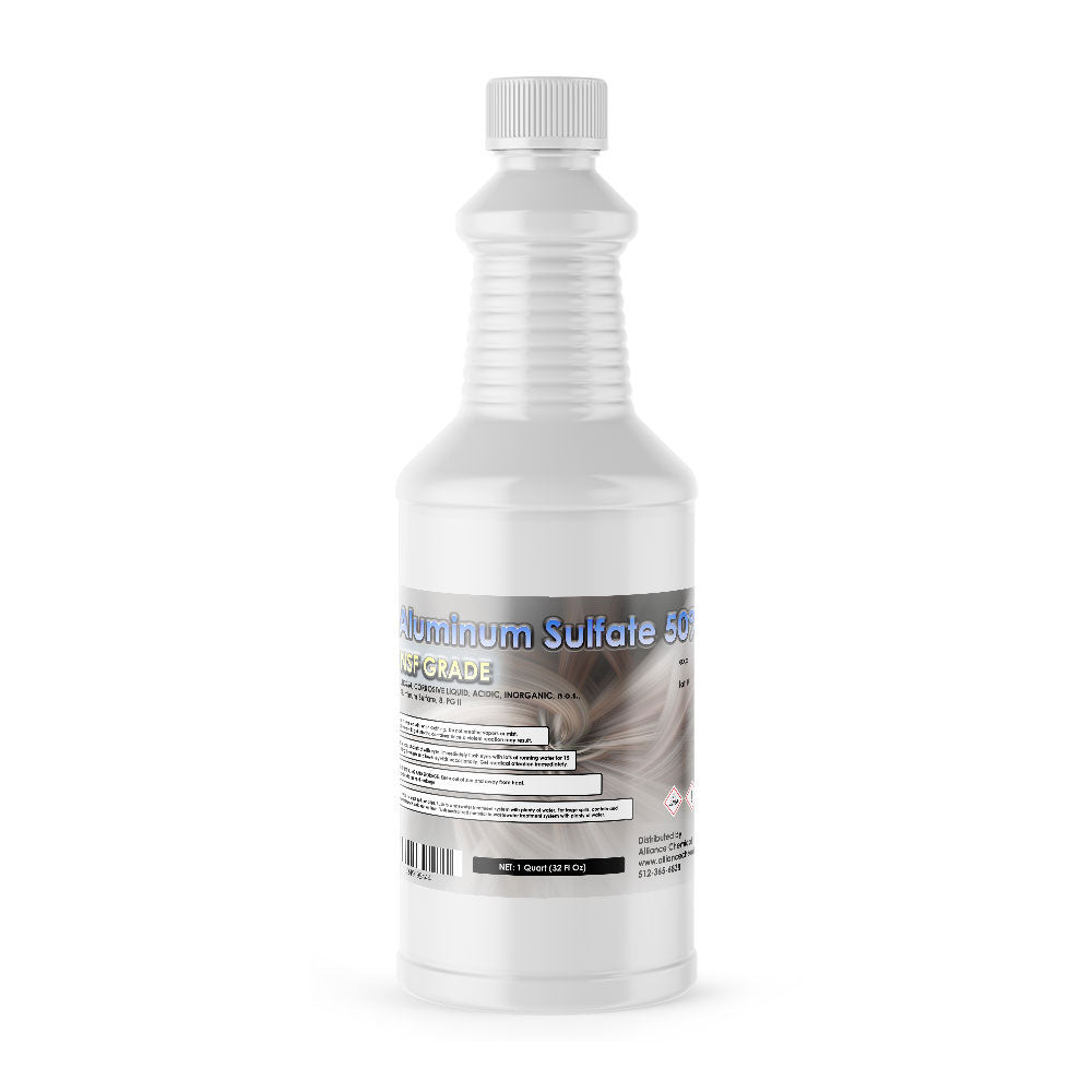 Quart bottle of USP-grade Aluminum Sulfate 50% solution in white HDPE container with ribbed grip design and child-resistant cap.