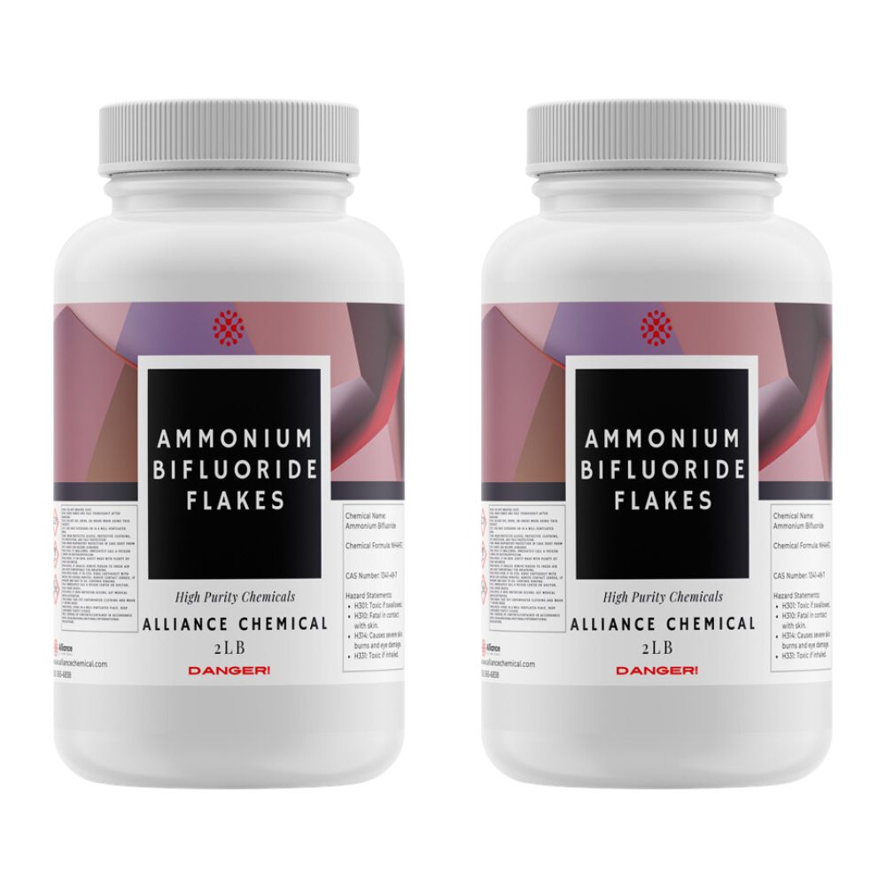 Two 2 L bottles of Alliance Chemical Ammonium Bifluoride Flakes with white screw cap lids and product labels.