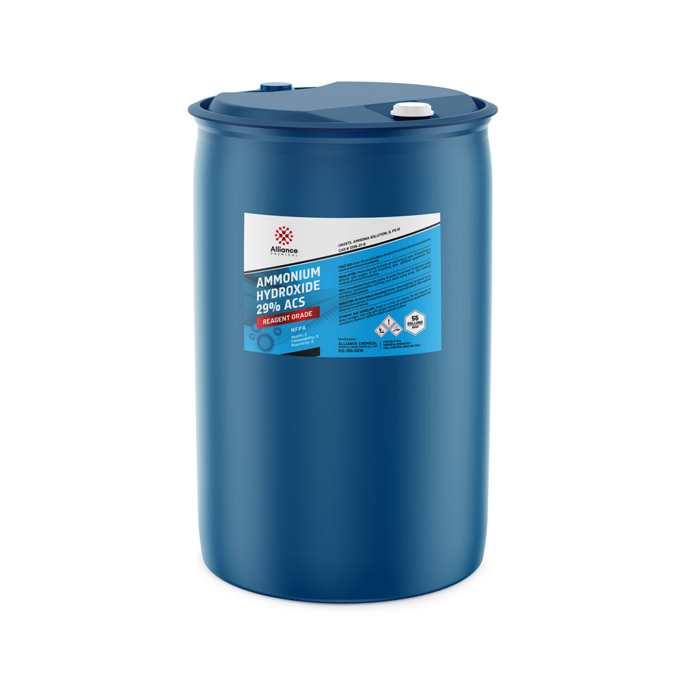 55-gallon blue HDPE drum of Ammonium Hydroxide 29% ACS Reagent Grade with NFPA diamond, Alliance Chemical branding, and safety symbols.