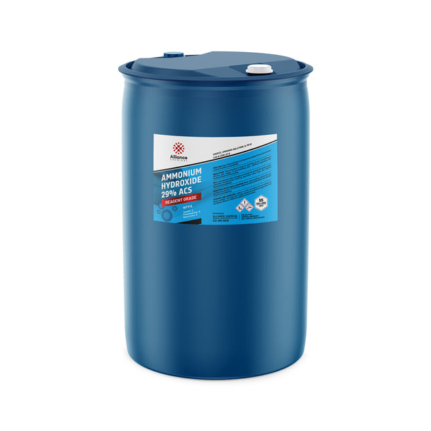 55-gallon HDPE drum of Ammonium Hydroxide 29% ACS Reagent Grade with NFPA diamond, Alliance Chemical branding, and safety