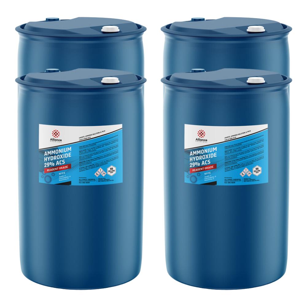 55-gallon blue HDPE drums of Ammonium Hydroxide 29% ACS Reagent Grade, featuring Alliance Chemical labeling and NFPA hazard symbols.