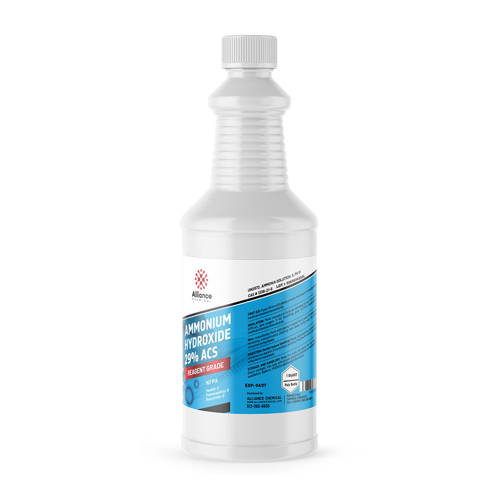 1-quart HDPE bottle of reagent-grade Ammonium Hydroxide 29% ACS with blue safety label, Alliance Chemical, NFPA diamond warning symbol.