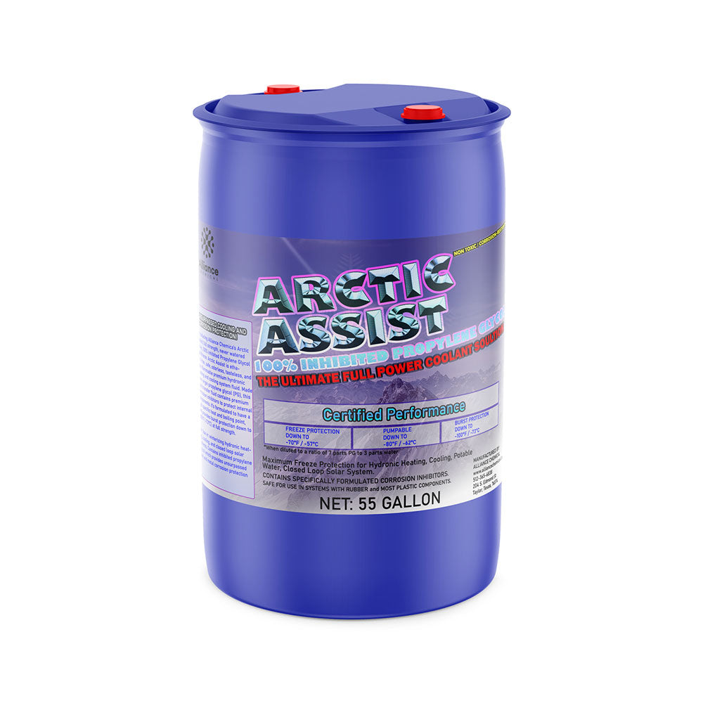 55-gallon blue HDPE drum of Arctic Assist industrial coolant, featuring corrosion inhibitors and freeze protection to -47°F, with dual red safety caps.