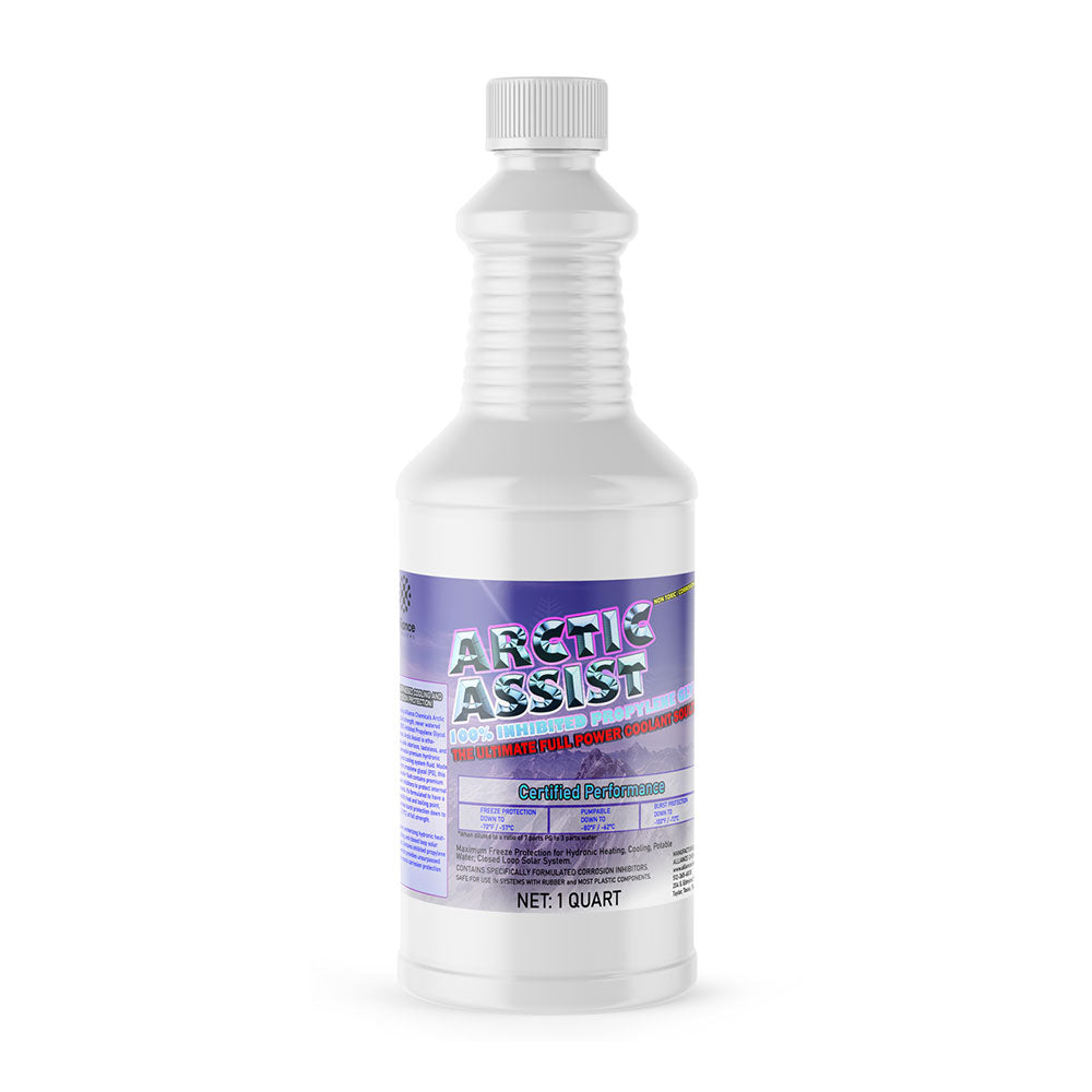 1-quart Arctic Assist industrial freeze protection fluid in white HDPE bottle with ribbed design and purple label, certified performance grade.