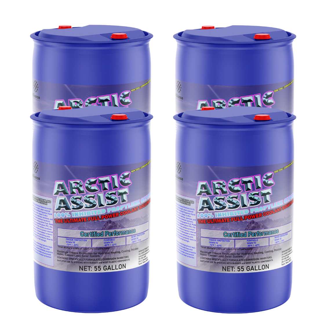 55-gallon blue HDPE drums of Arctic Assist industrial coolant, 100% inhibited full-power coolant with certified performance freeze protection, featuring red safety caps.