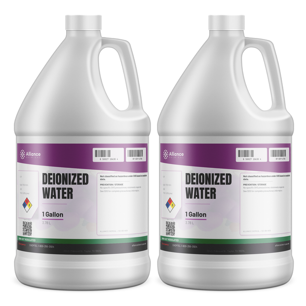 Technical grade deionized water in two 1-gallon jugs from Alliance Chemical for lab testing and component cleaning
