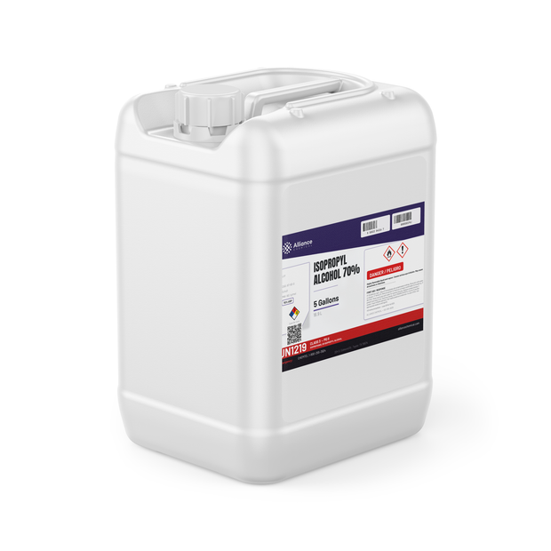 Isopropyl Alcohol 70% USP Grade in a 5-gallon jerry can from Alliance Chemical for surface prep and industrial cleaning solutions