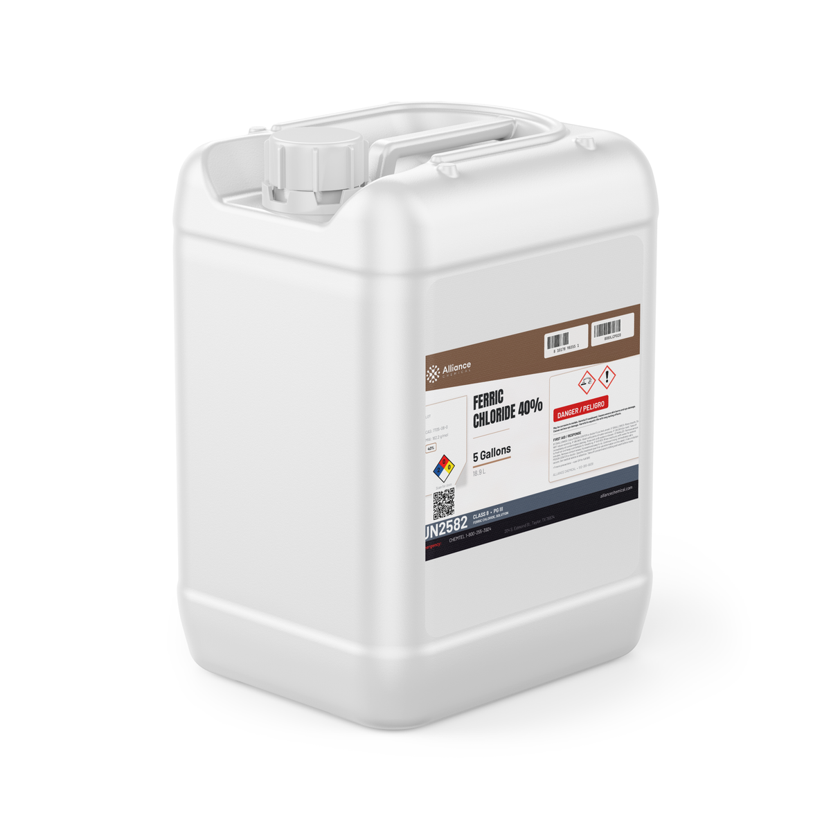 Ferric Chloride 40% Technical Grade in a 5-gallon jerry can for PCB etching and wastewater treatment, Alliance Chemical