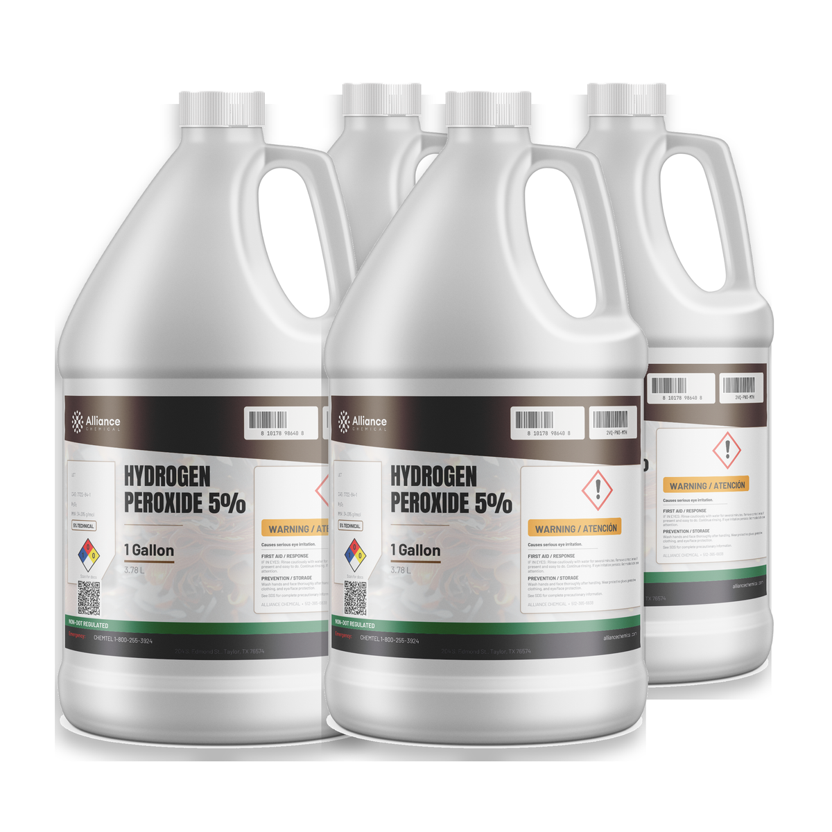 Hydrogen Peroxide 5% Technical Grade in a case of four 1-gallon plastic jugs, Alliance Chemical
