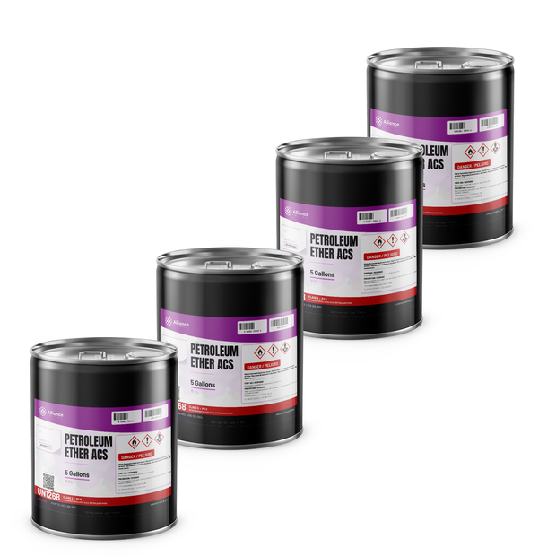 Petroleum Ether ACS Reagent Grade in four 5-gallon metal pails for extraction and cleaning, Alliance Chemical