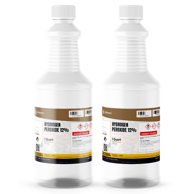 Hydrogen Peroxide 12% Technical Grade, two 1-quart plastic bottles, Alliance Chemical for wastewater remediation