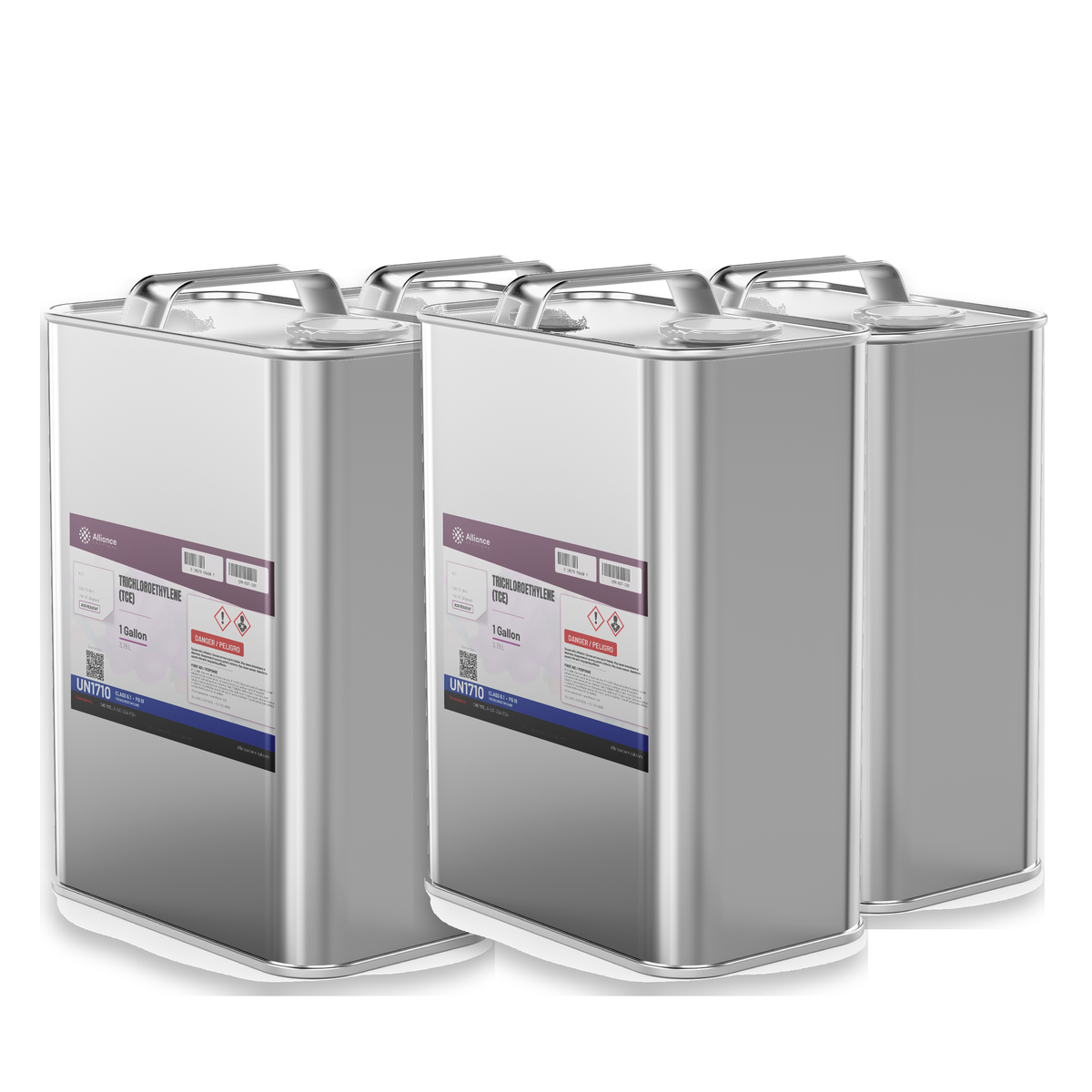 Trichloroethylene ACS Grade case of four 1-gallon metal cans from Alliance Chemical for precision vapor degreasing