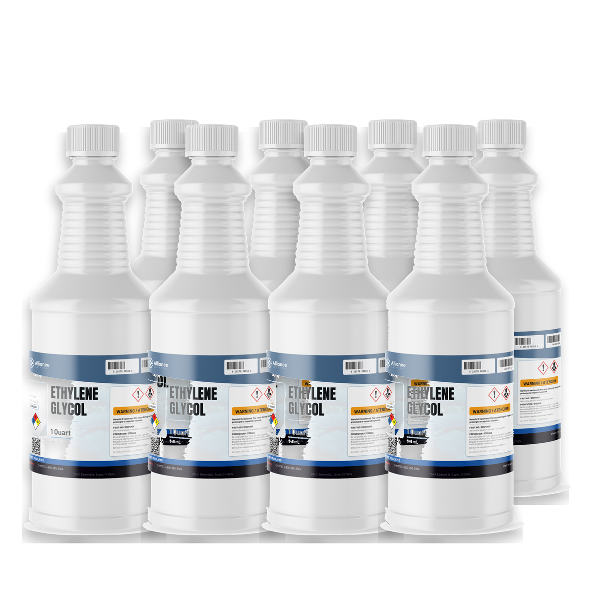 Ethylene Glycol ACS Grade in eight 1-quart white plastic bottles from Alliance Chemical