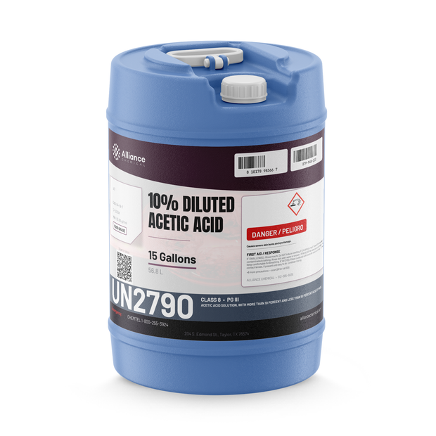 10% diluted acetic acid food grade in a 15-gallon blue plastic carboy for food processing, Alliance Chemical