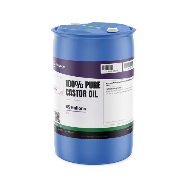 100% pure castor oil ACS grade in a 55-gallon blue plastic drum, Alliance Chemical
