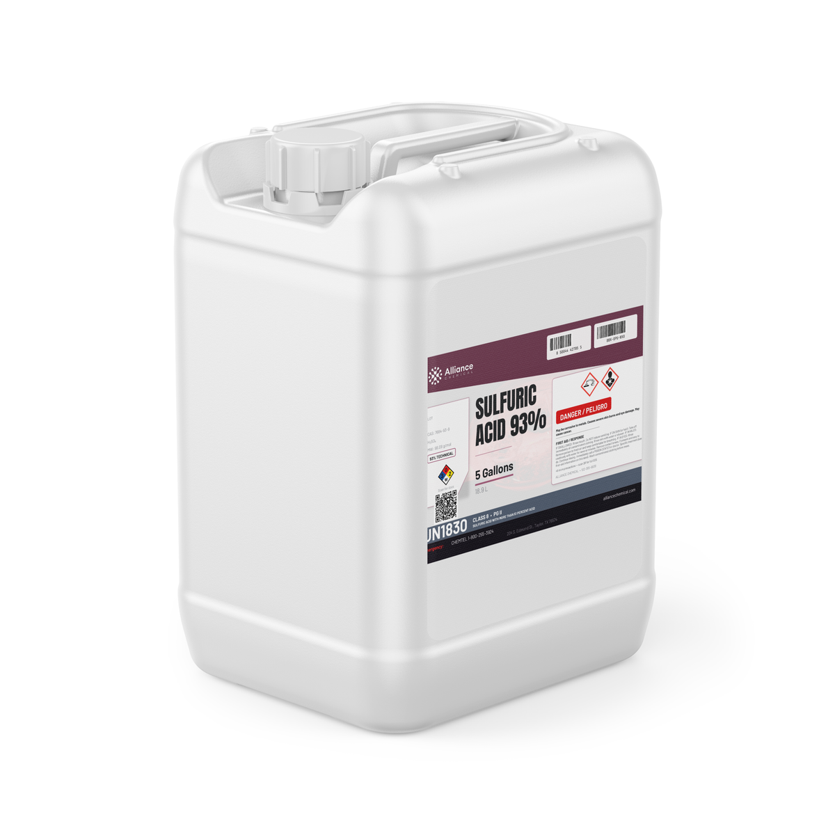 Sulfuric Acid 93% Technical Grade in a 5-gallon jerry can for metal treatment, Alliance Chemical