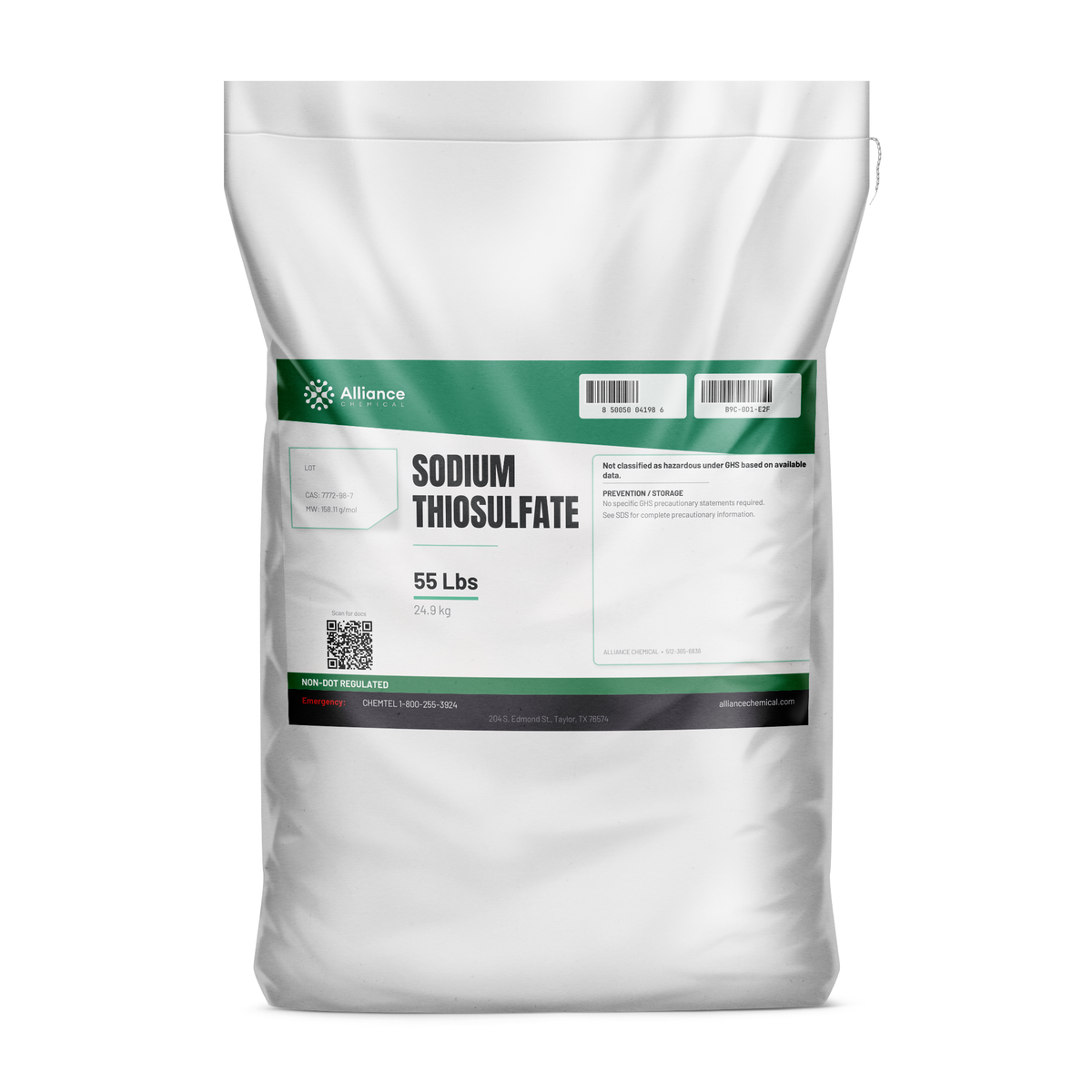 Sodium Thiosulfate Technical Grade in a 55-pound bag for water treatment and dechlorination, Alliance Chemical