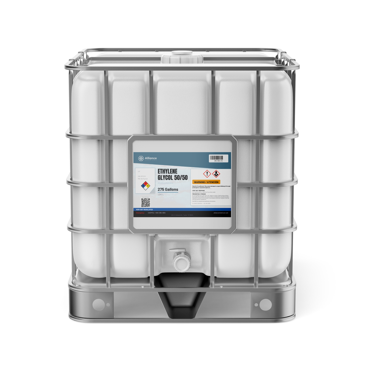 Ethylene Glycol 50/50 Technical Grade in a caged 275-gallon IBC tote, Alliance Chemical