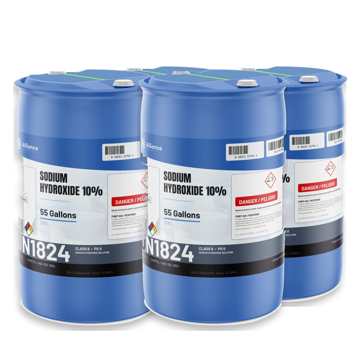 Sodium Hydroxide 10% Technical Grade in four 55-gallon blue drums, Alliance Chemical