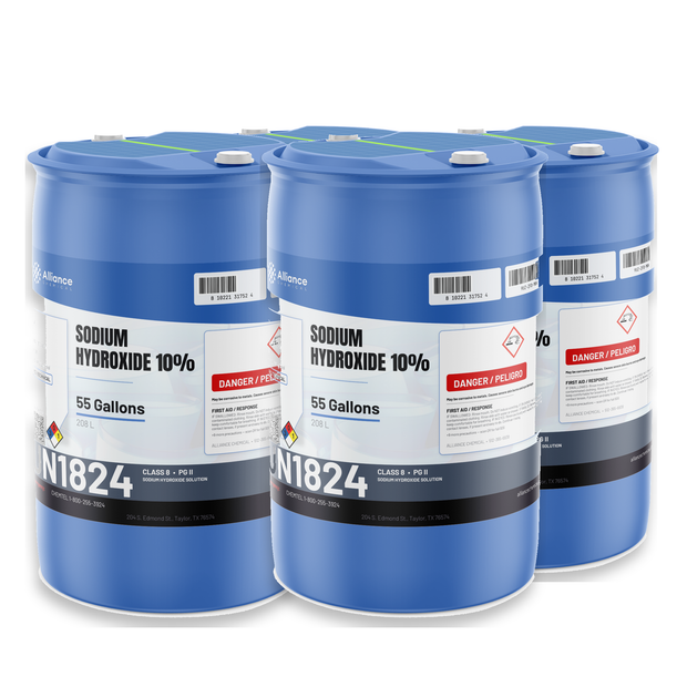 Sodium Hydroxide 10% Technical Grade in four 55-gallon blue drums, Alliance Chemical