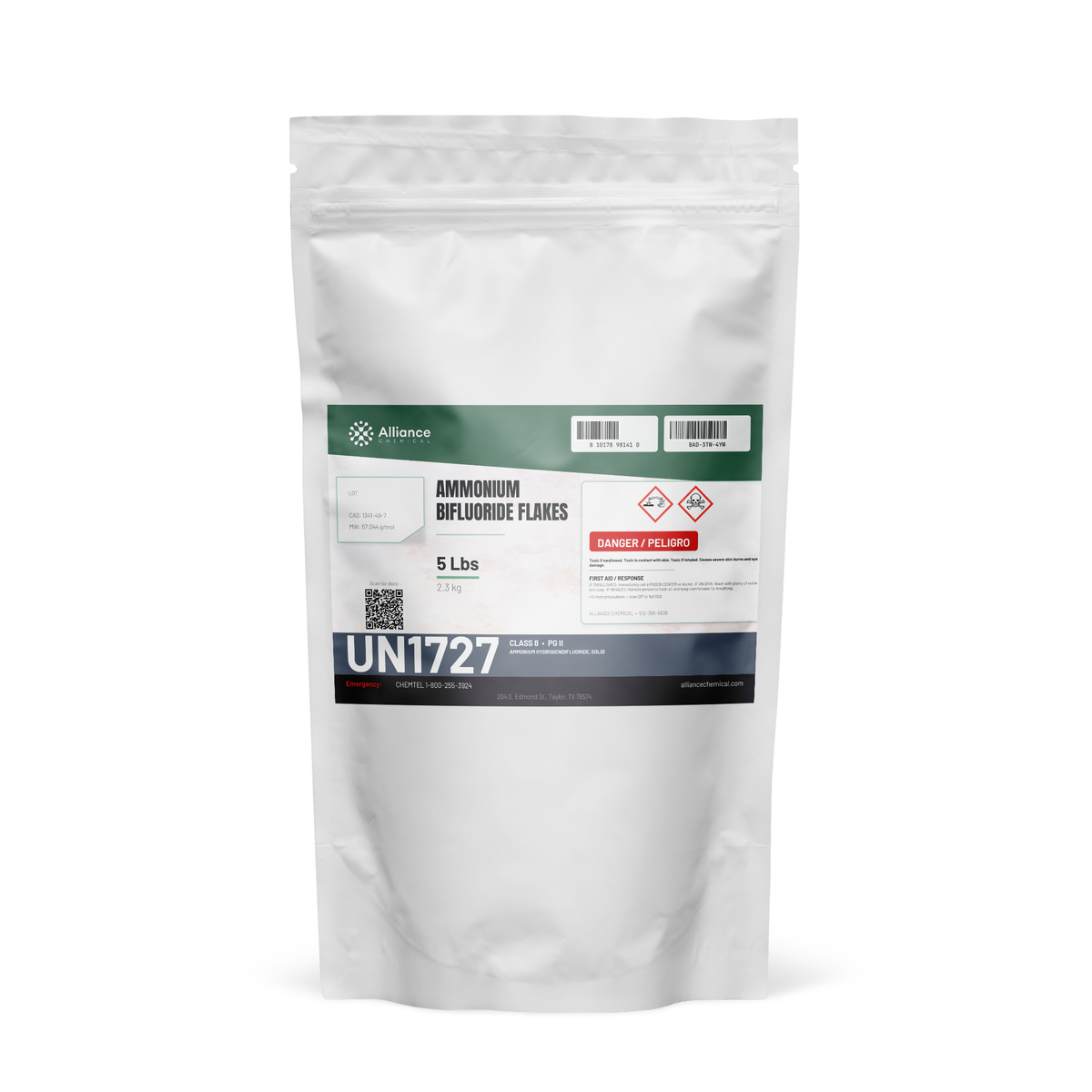 Ammonium Bifluoride Flakes Technical Grade in a 5-lb resealable pouch, Alliance Chemical