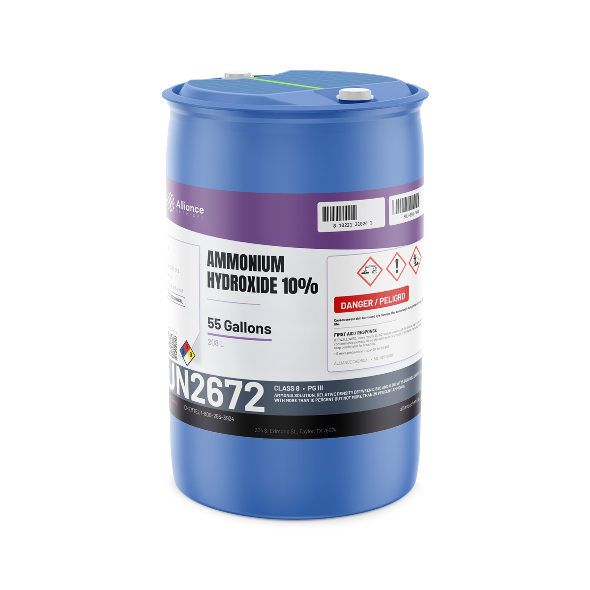 Ammonium hydroxide 10% technical grade in a 55-gallon blue plastic drum, Alliance Chemical