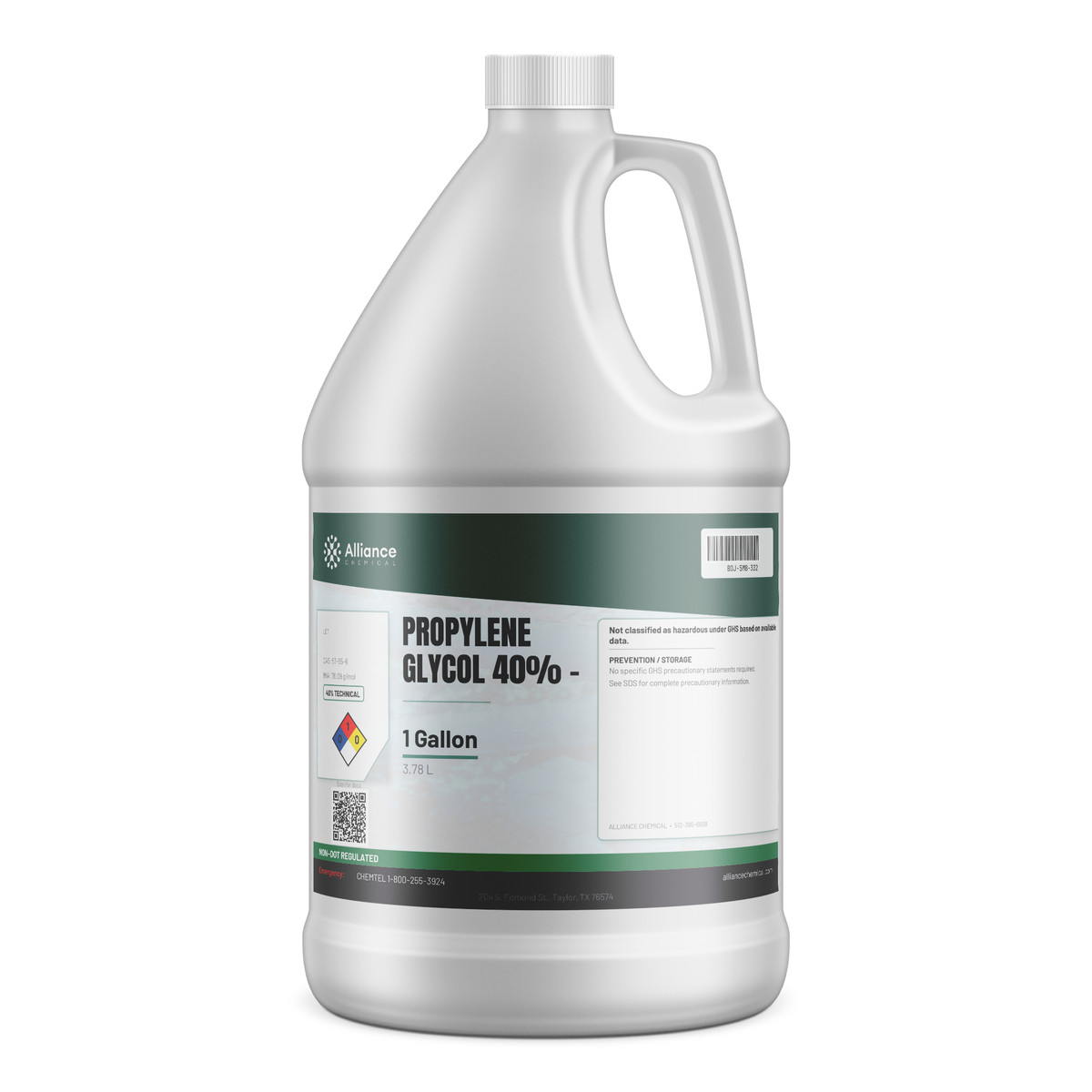 Propylene Glycol 40% Technical Grade in a 1-gallon plastic jug, Alliance Chemical for heat-transfer systems and chillers