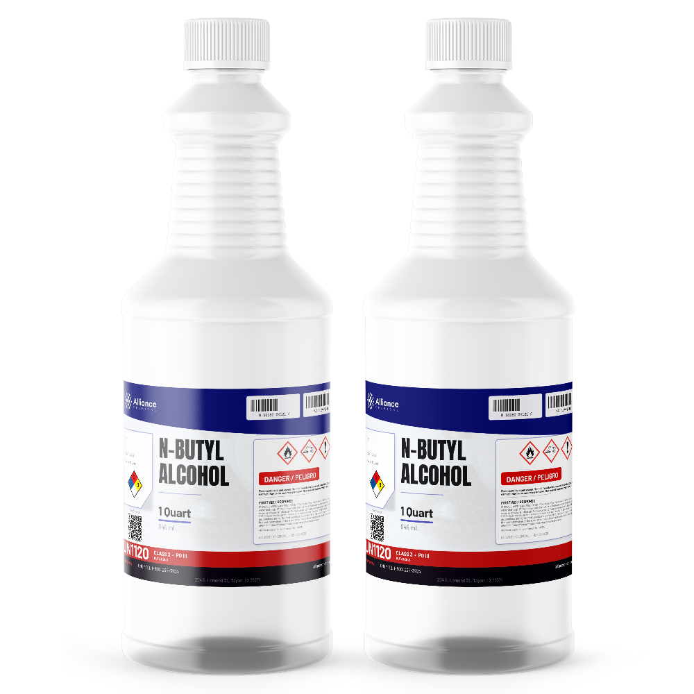 N-Butyl Alcohol Technical Grade in two 1-quart plastic bottles, Alliance Chemical for industrial ester and solvent synthesis