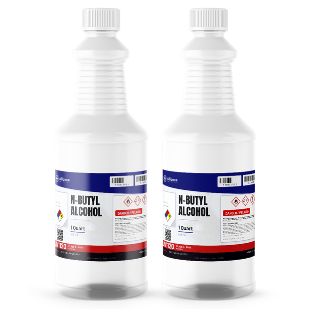 N-Butyl Alcohol Technical Grade in two 1-quart plastic bottles, Alliance Chemical for industrial ester and solvent synthesis