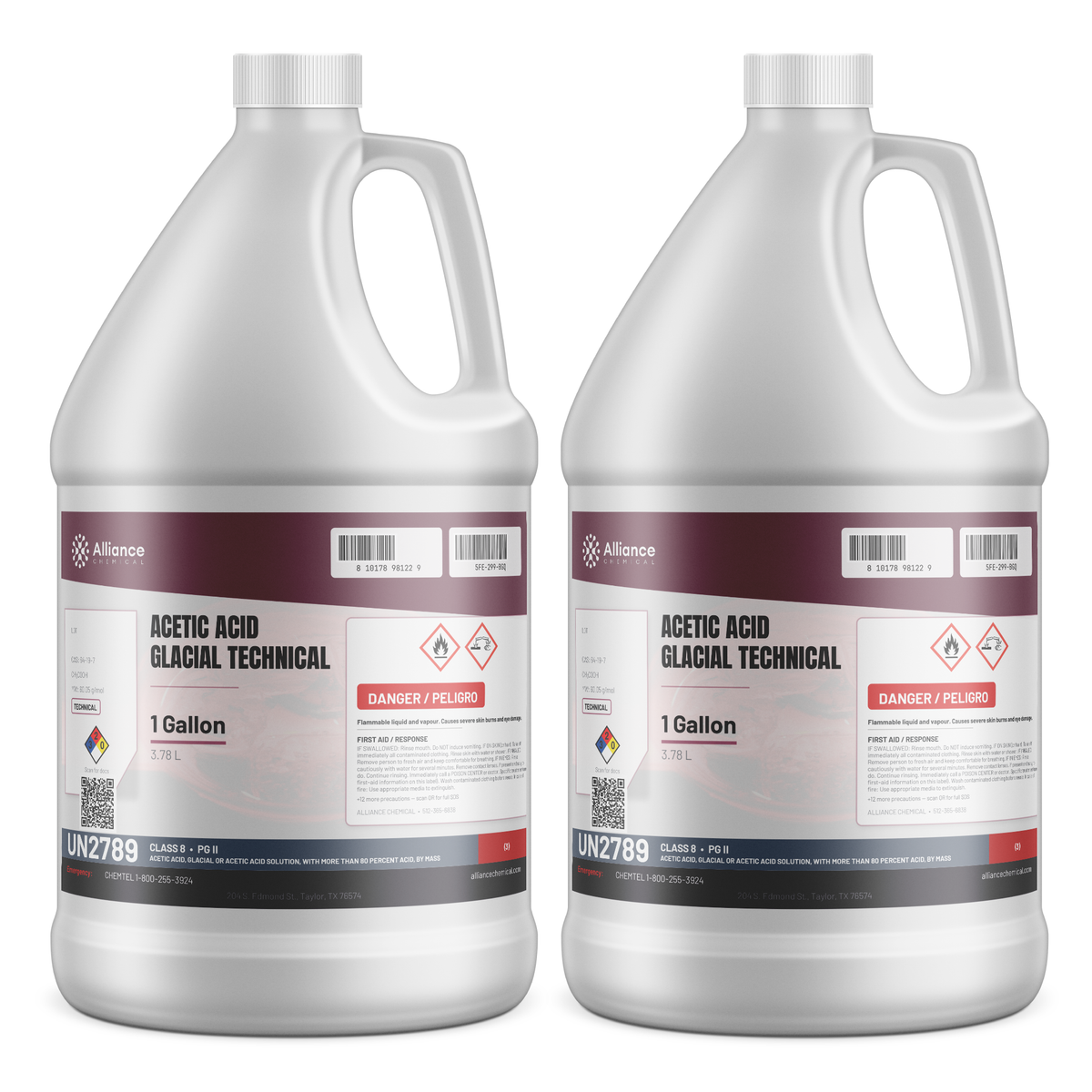 Acetic Acid Glacial Technical Grade in two 1-gallon plastic jugs, Alliance Chemical for chemical synthesis and pH regulation