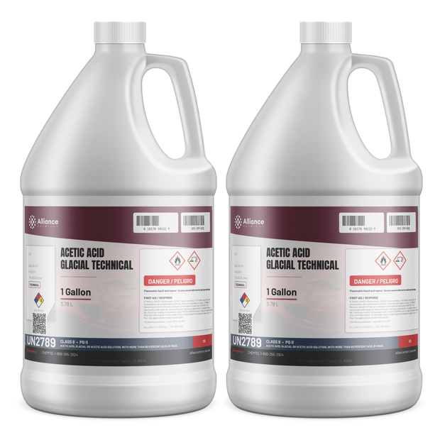 Acetic Acid Glacial Technical Grade in two 1-gallon plastic jugs, Alliance Chemical for chemical synthesis and pH regulation