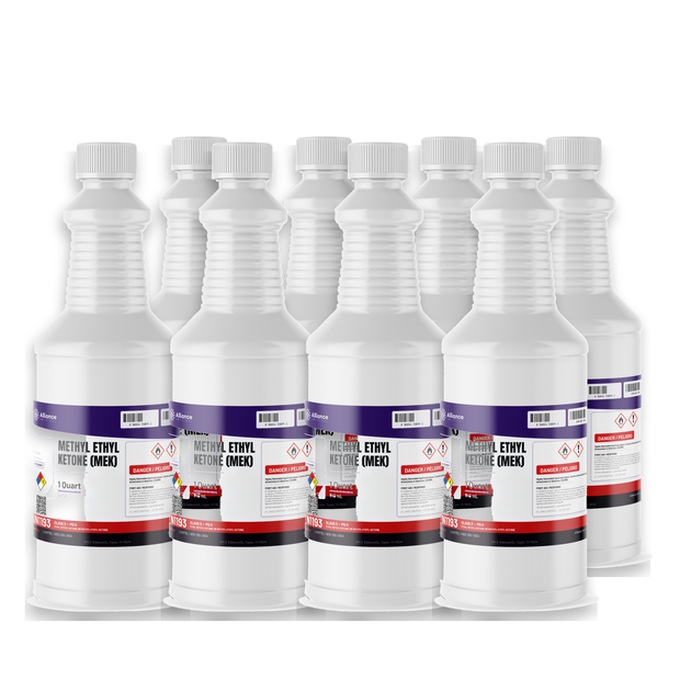 Methyl Ethyl Ketone ACS grade, eight 1-quart plastic bottles, Alliance Chemical, for industrial coatings and surface prep
