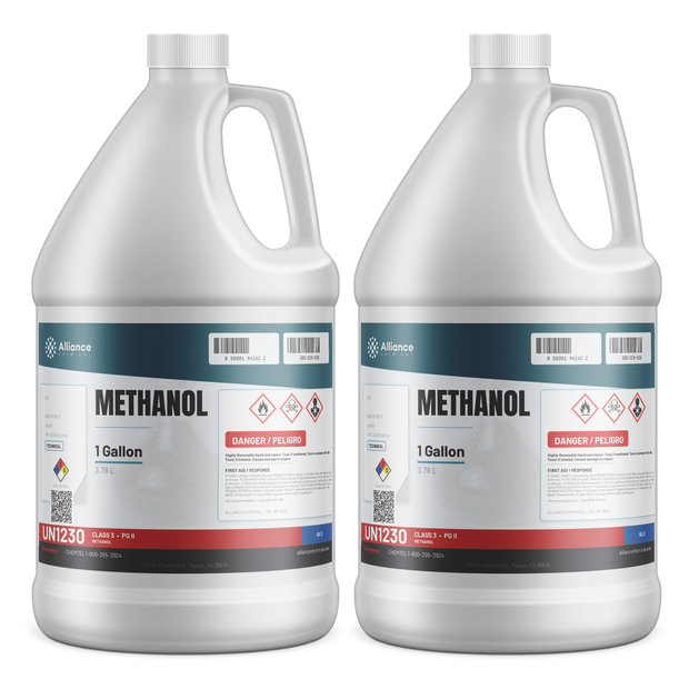 Methanol Technical Grade in two 1-gallon jugs from Alliance Chemical for chemical synthesis feedstock and fuel system drying