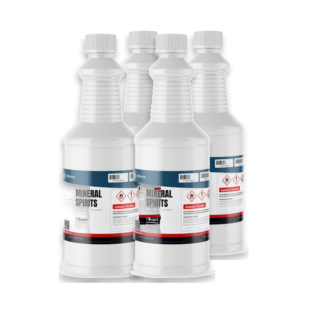 Technical grade mineral spirits in four 1-quart plastic bottles for paint thinning, Alliance Chemical