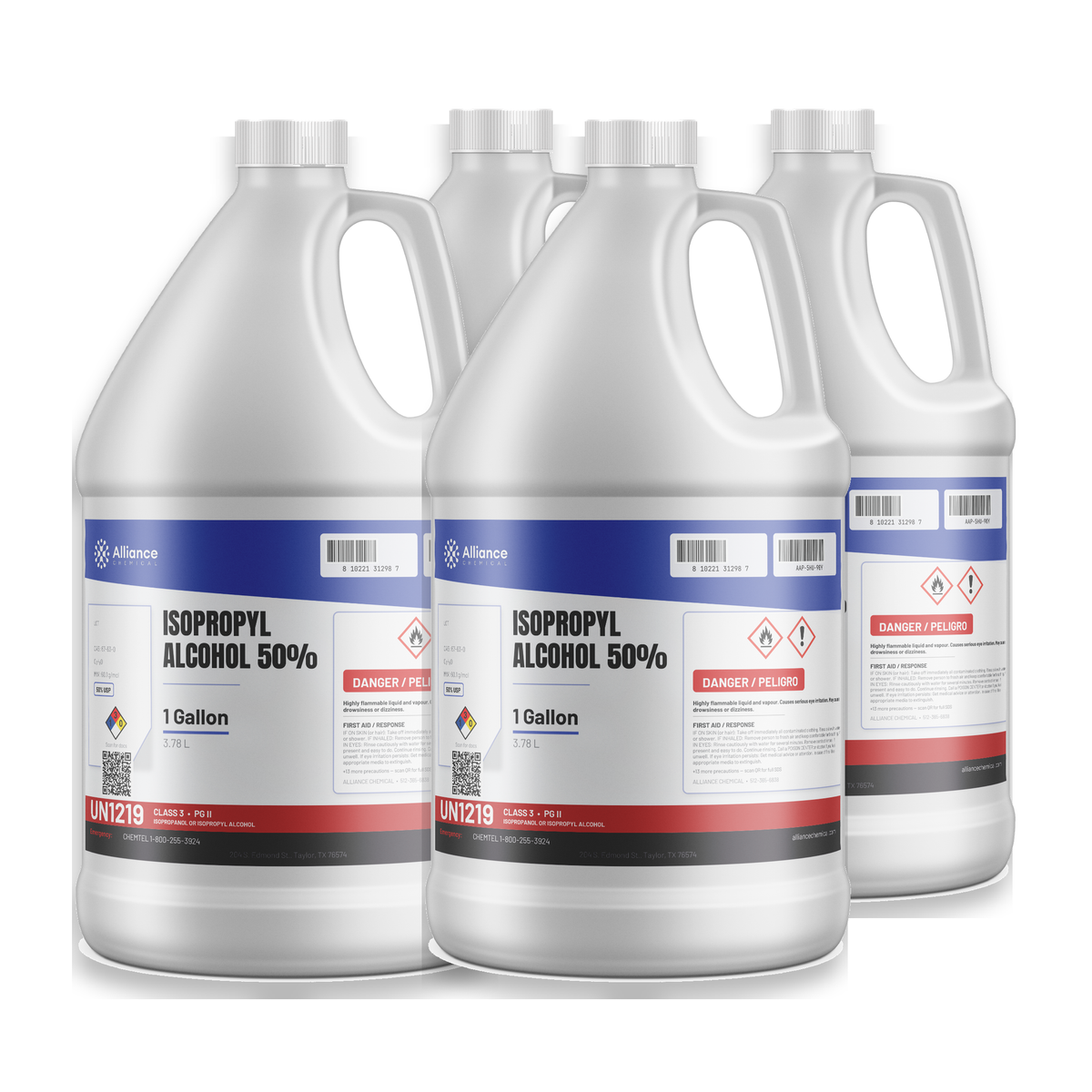 Isopropyl Alcohol 50% USP Grade, case of four 1-gallon plastic jugs, Alliance Chemical