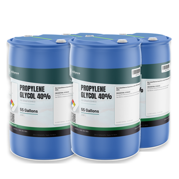 Propylene Glycol 40% USP Grade packaged in four blue 55-gallon drums from Alliance Chemical