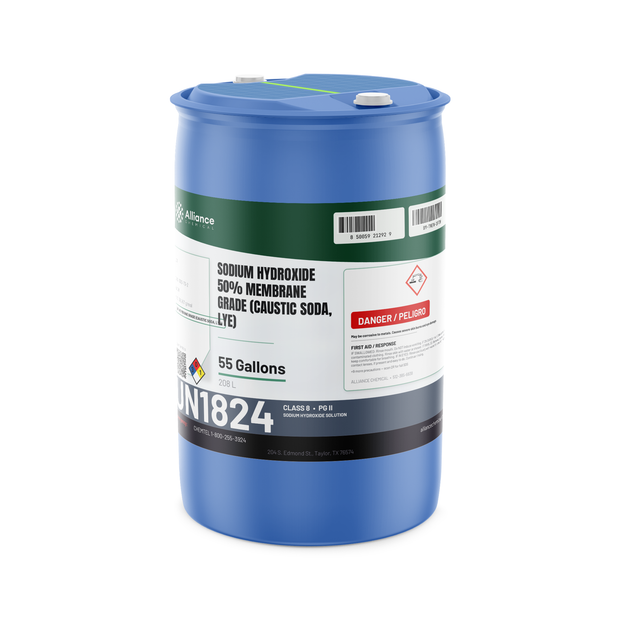 Sodium Hydroxide 50% Membrane Grade in a blue 55-gallon drum from Alliance Chemical for water treatment and pH adjustment