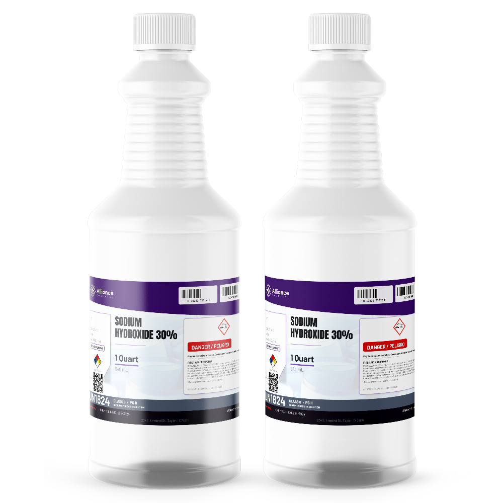 Sodium Hydroxide 30% ACS Reagent Grade in two 1-quart plastic bottles, Alliance Chemical