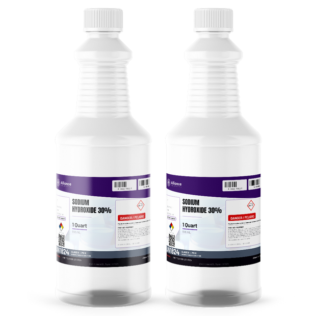 Sodium Hydroxide 30% ACS Reagent Grade in two 1-quart plastic bottles, Alliance Chemical