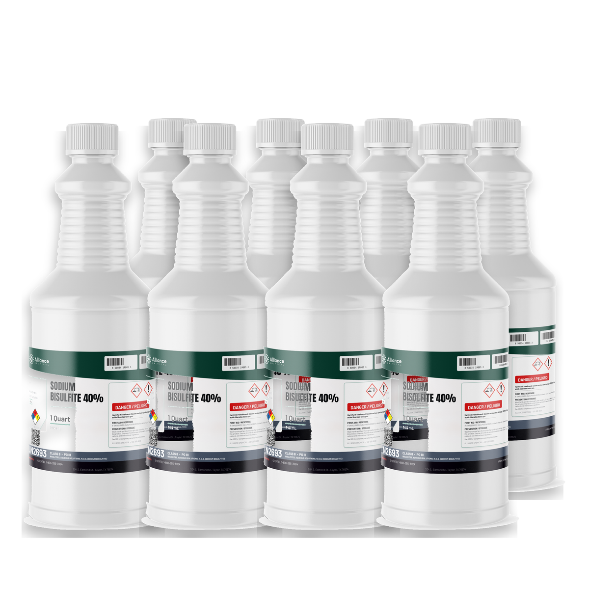 Sodium Bisulfite 40% Technical Grade in eight 1-quart plastic bottles from Alliance Chemical