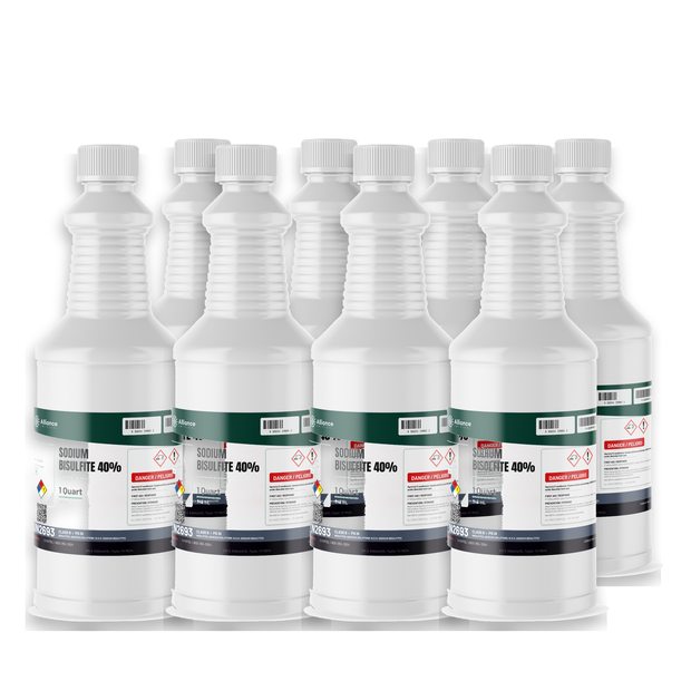 Sodium Bisulfite 40% Technical Grade in eight 1-quart plastic bottles from Alliance Chemical