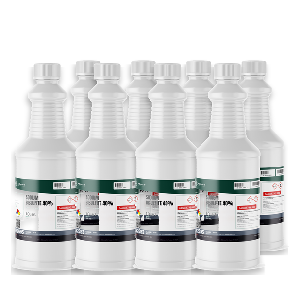 Sodium Bisulfite 40% Technical Grade in eight 1-quart bottles, Alliance Chemical for industrial dechlorination