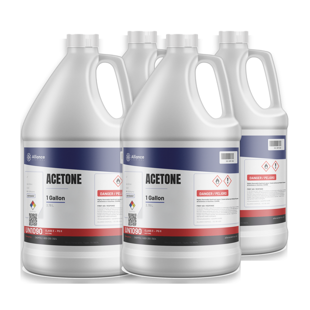 Acetone 99.5% ACS Reagent Grade in four 1-gallon plastic jugs, Alliance Chemical for precision laboratory cleaning
