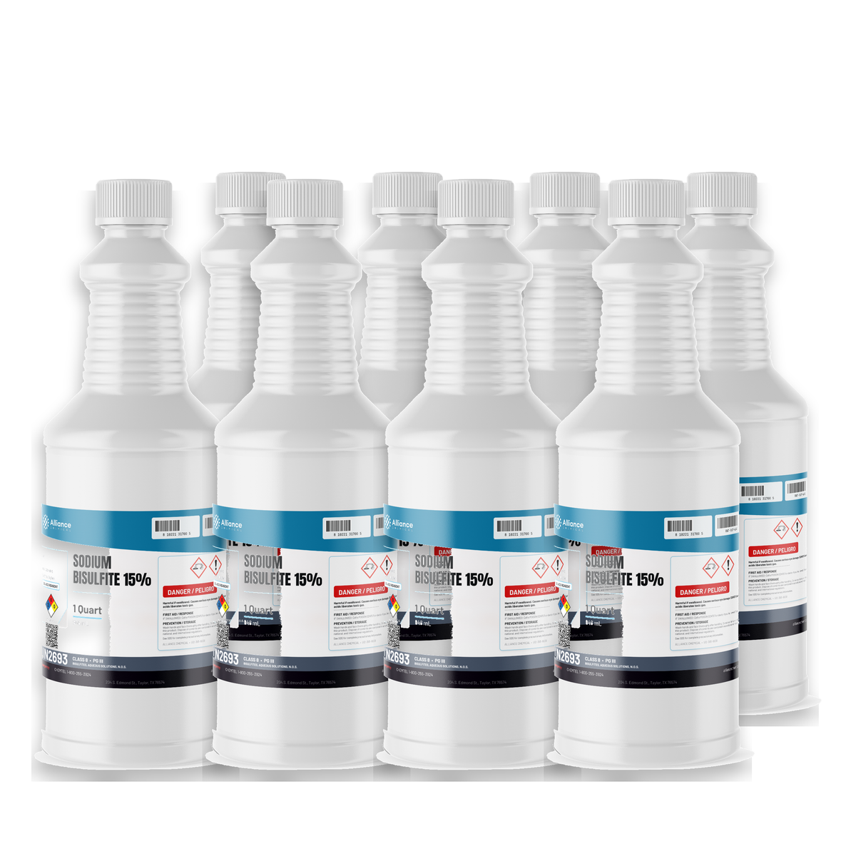 Sodium Bisulfite 15% ACS Grade in eight 1-quart plastic bottles from Alliance Chemical