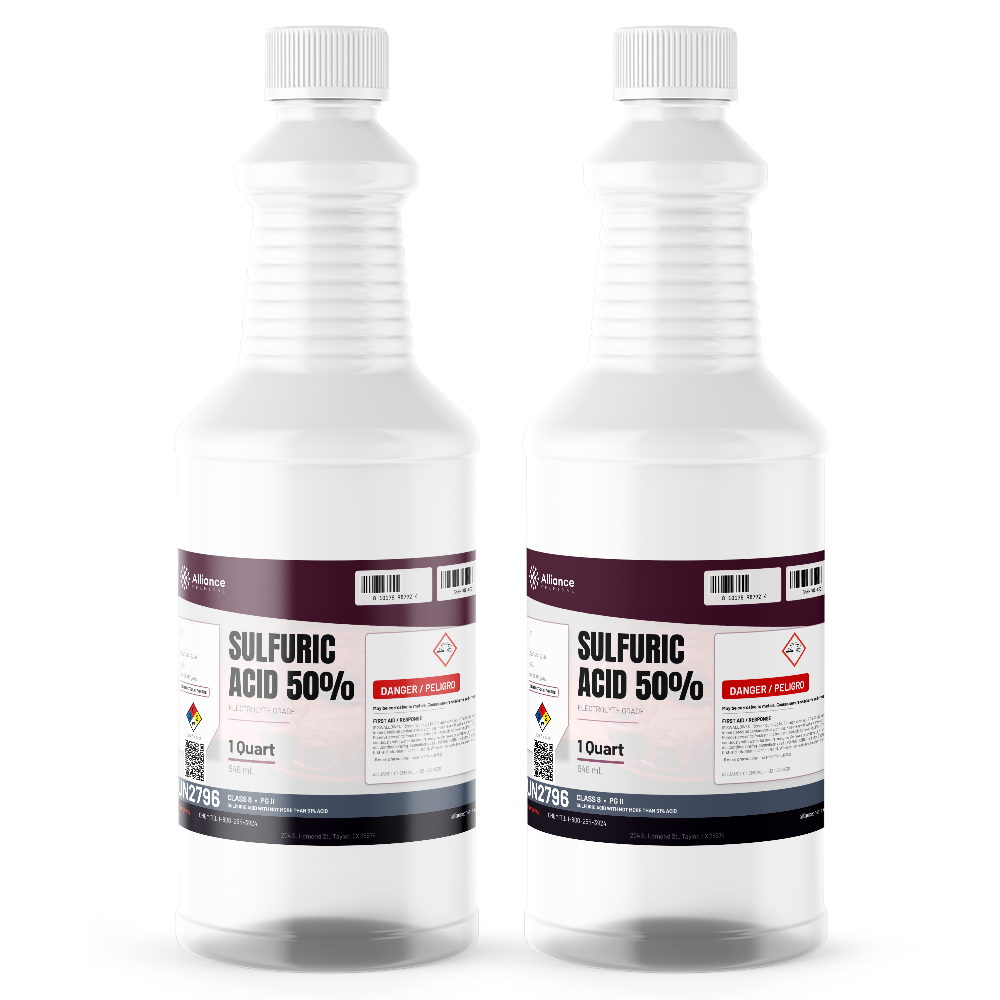 Sulfuric Acid 50% Electrolyte Grade in two 1-quart plastic bottles for battery electrolyte, Alliance Chemical
