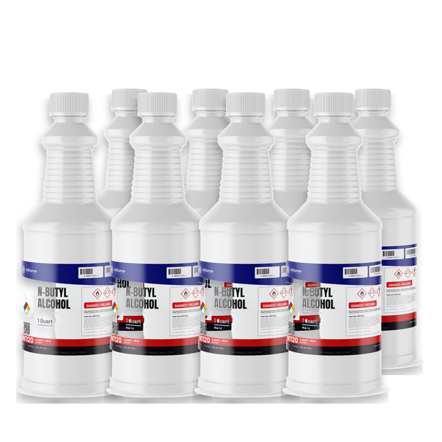 N-Butyl Alcohol Technical Grade in eight 1-quart plastic bottles for industrial cleaners, Alliance Chemical