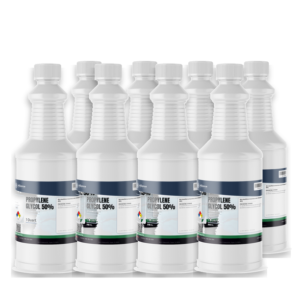 Propylene Glycol 50% USP Grade, eight 1-quart white plastic bottles, Alliance Chemical