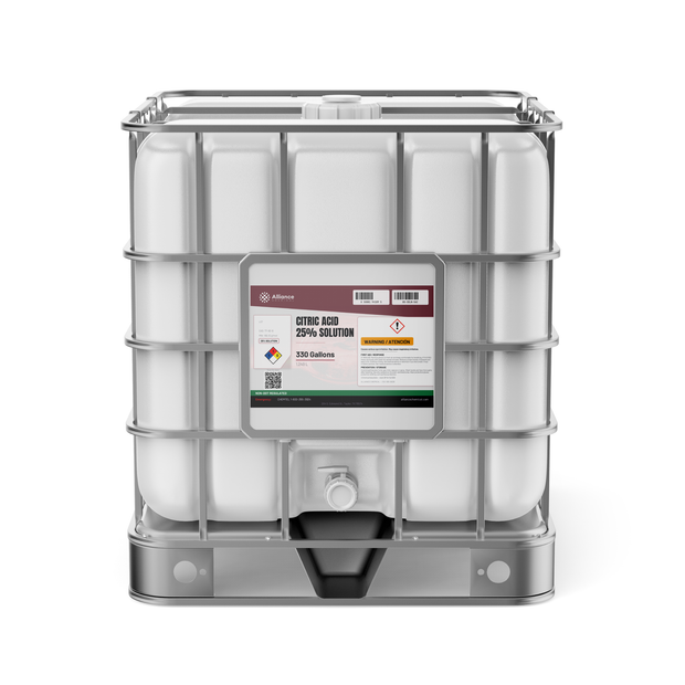 Citric acid 25% solution in a 330-gallon IBC tote for rust and scale removal, Alliance Chemical