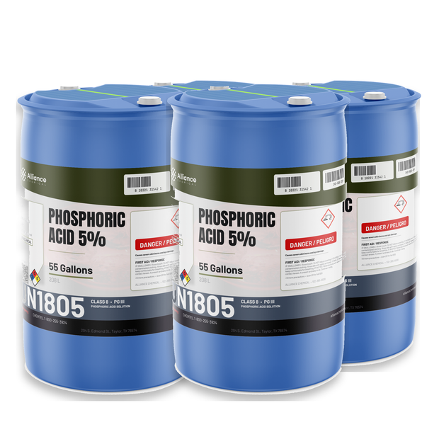 Phosphoric Acid 5% Technical Grade, four 55-gallon blue plastic drums, Alliance Chemical