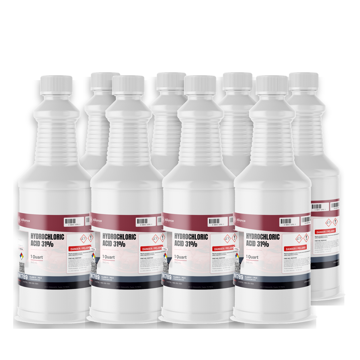 Hydrochloric Acid 31% Technical Grade, eight 1-quart white plastic bottles, Alliance Chemical